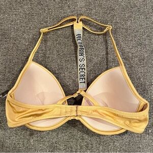 Victoria's Secret Gold Halter Bikini Top with Embellished Logo Strap